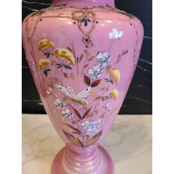 Lg Antique Harrach Bohemian Czech Pink Opaline Overlay Vase Flowers & Bees 14” - Picture 6 of 16